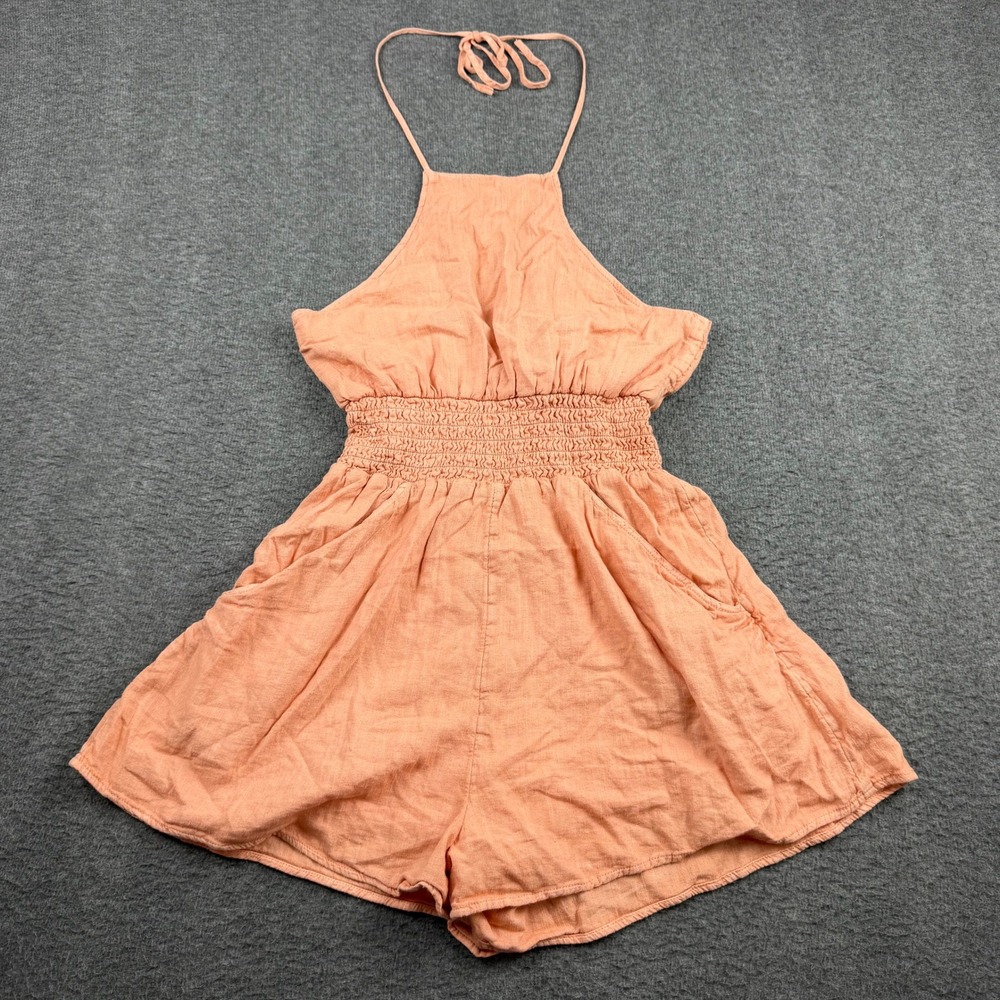 American Eagle Women's XS Halter Romper Peach Coral Smocked Waist Linen‎ Blend